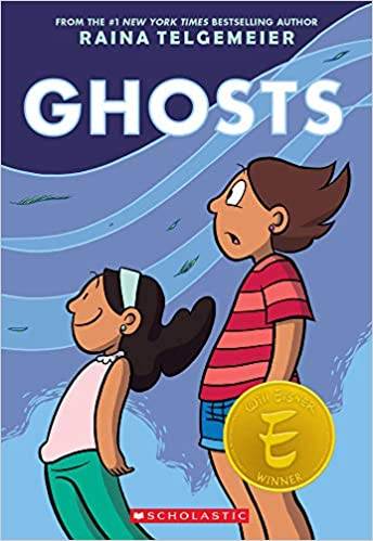 Illustrated "ghosts" cover featuring two children, one shorter and smiling in front of one taller with mouth agape as if surprised.